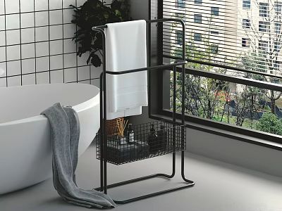 Black Bathroom Storage Rack with Towel and Toiletries next to White Bathtub near Window Plants 3d model