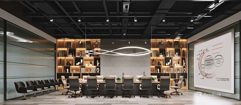 Modern Conference Room Interior Design With Long Table Black Chairs Bookshelves And Ceiling Lights 3d model 