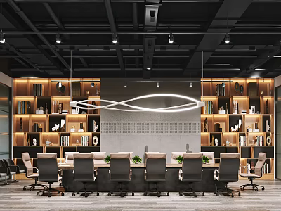 Modern Conference Room Interior Design With Long Table Black Chairs Bookshelves And Ceiling Lights 3d model