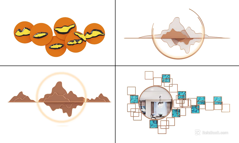 Geometric Wall Decor With Mountain Patterns Fish Designs Blue Squares And Circular Mirror 3d model