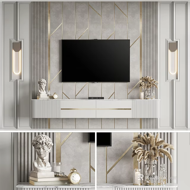 Modern TV Wall With Wall Lamps And Decorations 3d model