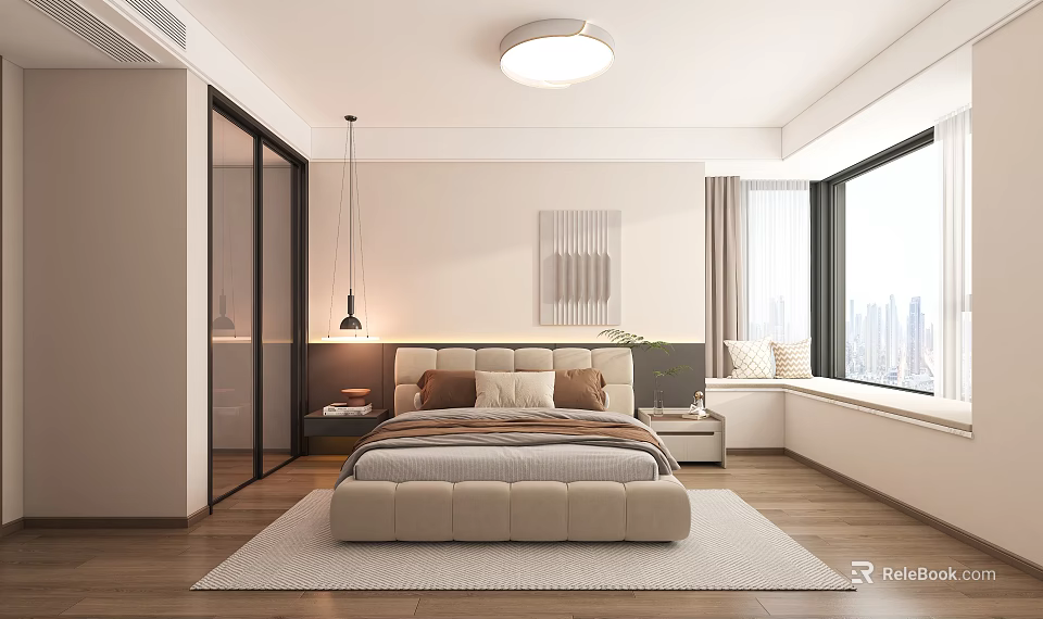 Modern Bedroom Interior With Upholstered Bed Ceiling Light Rug Wall Art And City View Window 3d model 