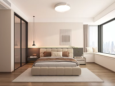 Modern Bedroom Interior With Upholstered Bed Ceiling Light Rug Wall Art And City View Window 3d model