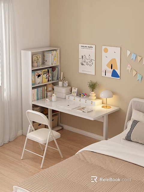 Cozy Home Desk Setup With Bookshelf Books Table Lamp Potted Plant Wall Art And Chair 3d model 