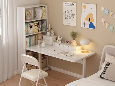 Cozy Home Desk Setup With Bookshelf Books Table Lamp Potted Plant Wall Art And Chair 3d model