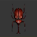 Vibrant Red Rhinoceros Beetle With Large Curved Horn And Spiny Legs On Gray Surface