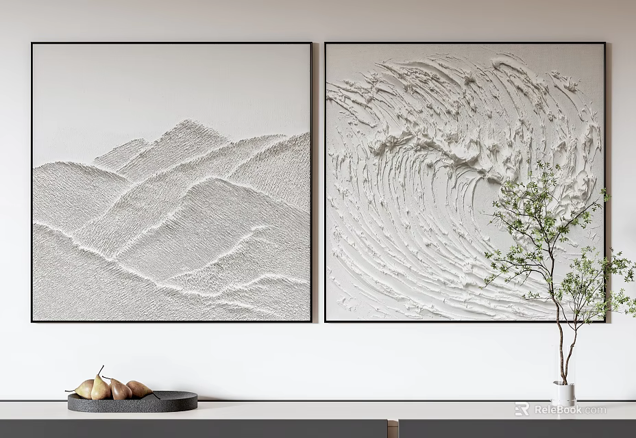 Textured Abstract Paintings With Mountain And Wave Patterns On White Wall 3d model
