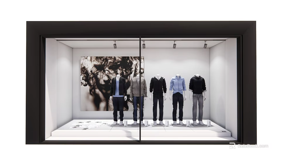 Fashion Store Window Display With Mannequins In Colored Tops And Black White Artwork 3d model 