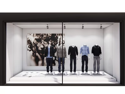 Fashion Store Window Display With Mannequins In Colored Tops And Black White Artwork 3d model
