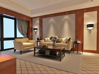 Hotel Guest Room Interior With Comfortable Sofa Coffee Table Wooden Paneling And Plaid Carpet 3d model