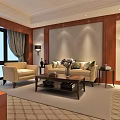 Hotel Guest Room Interior With Comfortable Sofa Coffee Table Wooden Paneling And Plaid Carpet