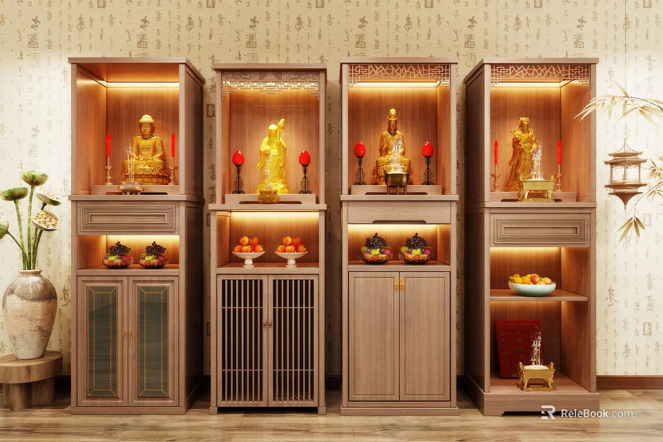 Wooden Buddhist Shrine Cabinets With Illuminated Buddha Statues And Offering Fruits 3d model 