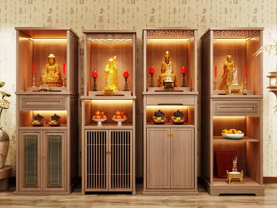 Wooden Buddhist Shrine Cabinets With Illuminated Buddha Statues And Offering Fruits 3d model