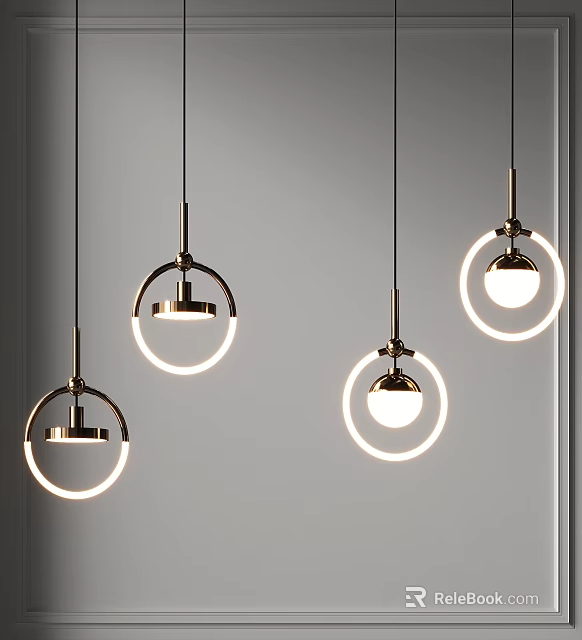Modern Circular Pendant Lights With Metal Frames And Illuminated Rings 3d model 