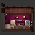 Miniature Kitchen Interior With Pink Walls Wooden Elements Refrigerator And Shelves