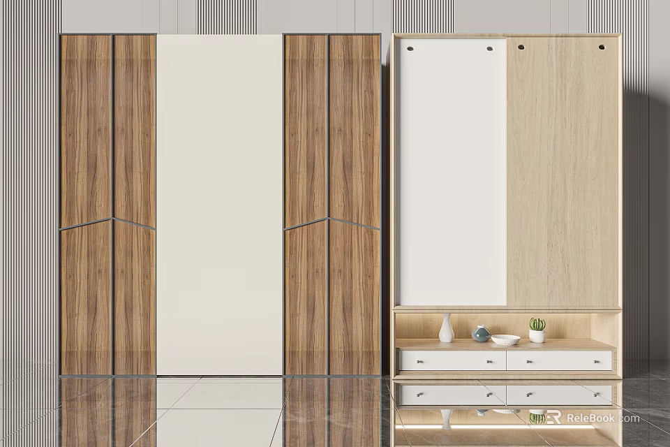 Modern Wardrobe Design With Wooden And Light Panels Mirrored Door Drawers And Decorative Shelf 3d model 