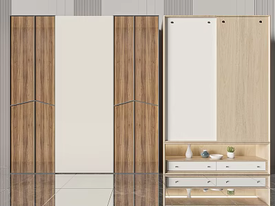 Modern Wardrobe Design With Wooden And Light Panels Mirrored Door Drawers And Decorative Shelf 3d model
