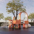Outdoor Children Playground Structure With Orange White Slide Trees And Grass Area