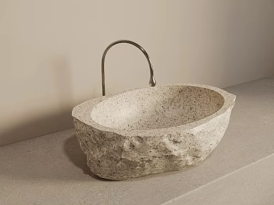 Natural Stone Oval Sink With Textured Surface And Metallic Faucet 3d model
