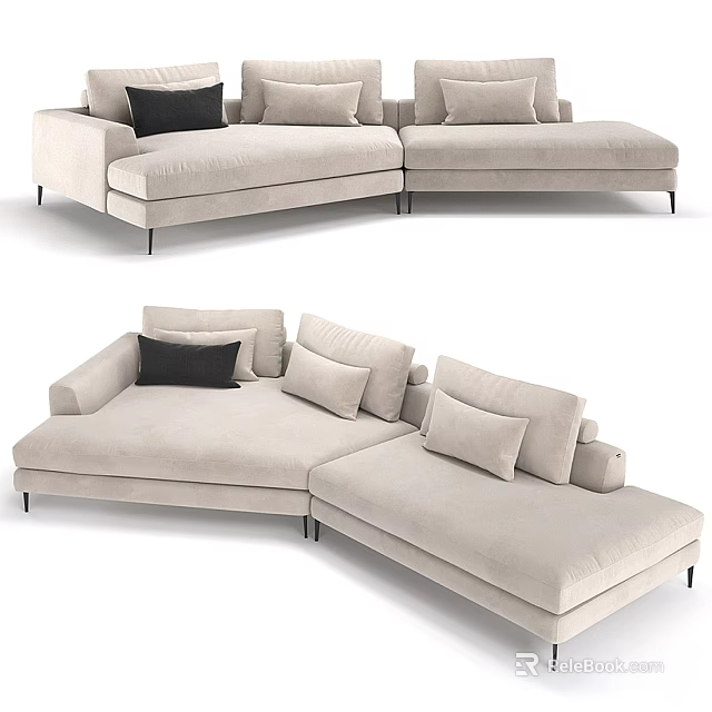 Modern Beige Sectional Sofa With Multiple Cushions And Black Throw Pillow 3d model