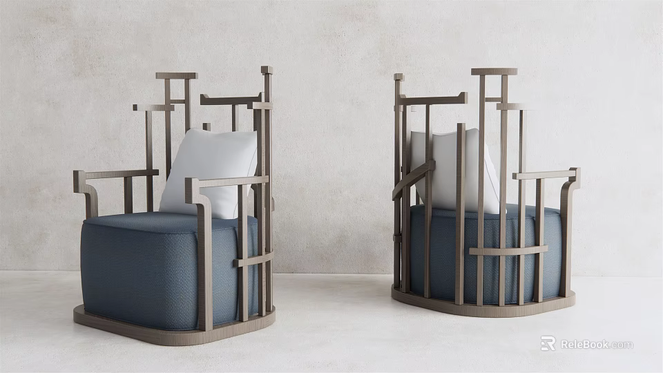 Modern Single Sofa with Metal Frame Navy Blue Cushion and White Pillow Interior Space 3d model 