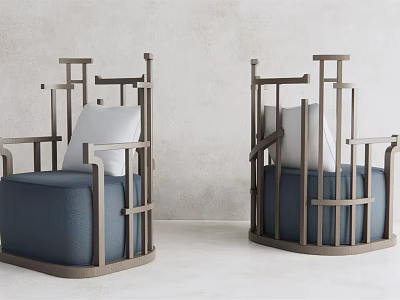 Modern Single Sofa with Metal Frame Navy Blue Cushion and White Pillow Interior Space 3d model