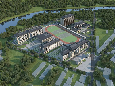 School Campus Architecture Featuring Classroom Buildings Sports Field And River Green Surroundings 3d model
