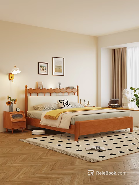 Cozy Wooden Double Bed with Scalloped Headboard Bedside Table Lamp and Wall Art 3d model 