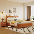 Cozy Wooden Double Bed with Scalloped Headboard Bedside Table Lamp and Wall Art
