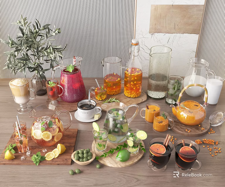 Refreshing Assorted Drinks With Lemon Lime Ice In Glass Jars And Cups 3d model 