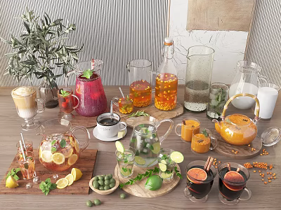 Refreshing Assorted Drinks With Lemon Lime Ice In Glass Jars And Cups 3d model