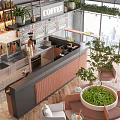 Modern Coffee Shop Interior With Counter Coffee Machines Plants Large Windows Tables And City View