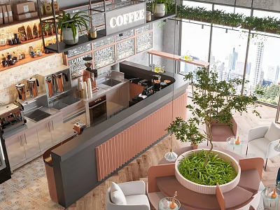 Modern Coffee Shop Interior With Counter Coffee Machines Plants Large Windows Tables And City View 3d model