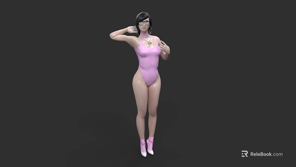 A Woman Wearing Pink Bodysuit Glasses And White Shoes Posing With Hand On Head 3d model 