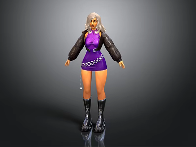 3D Model Character With Silver Hair Purple Dress Black Leather Sleeves Chain Belt And Boots 3d model