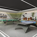 Indoor Sports Fitness Space With Pool Table Ping Pong Table Treadmill Plants And Cartoon Wall Decor