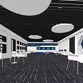 Modern Interior With White Tables Chairs Round Pendant Lights Black Ceiling And Blue Accent Wall