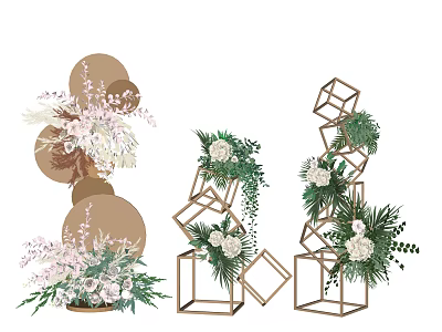 Elegant Modern Floral Installation With Round Geometric Metal Frames And White Green Blooms 3d model