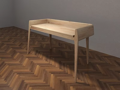 Light Wood Minimalist Desk With Gray Wall And Herringbone Wooden Floor 3d model