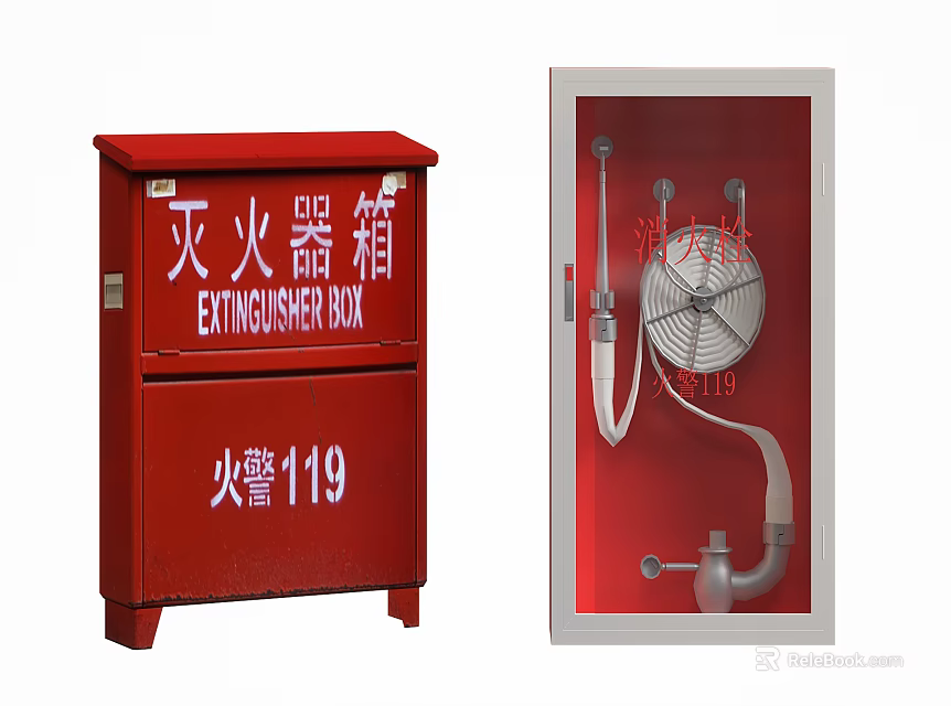 Red Fire Extinguisher Box And Hydrant Cabinet For Fire Safety 3d model 
