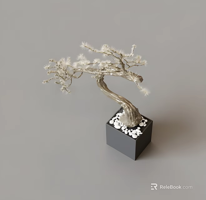 Decorative Bonsai Tree With Curved Trunk White Blooms And Black Square Base Adorned With White Pebbles 3d model 