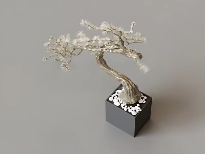 Decorative Bonsai Tree With Curved Trunk White Blooms And Black Square Base Adorned With White Pebbles 3d model