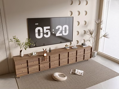Modern Wooden TV Stand With TV Potted Plants Drawers Decorative Items And Rug 3d model