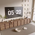 Modern Wooden TV Stand With TV Potted Plants Drawers Decorative Items And Rug