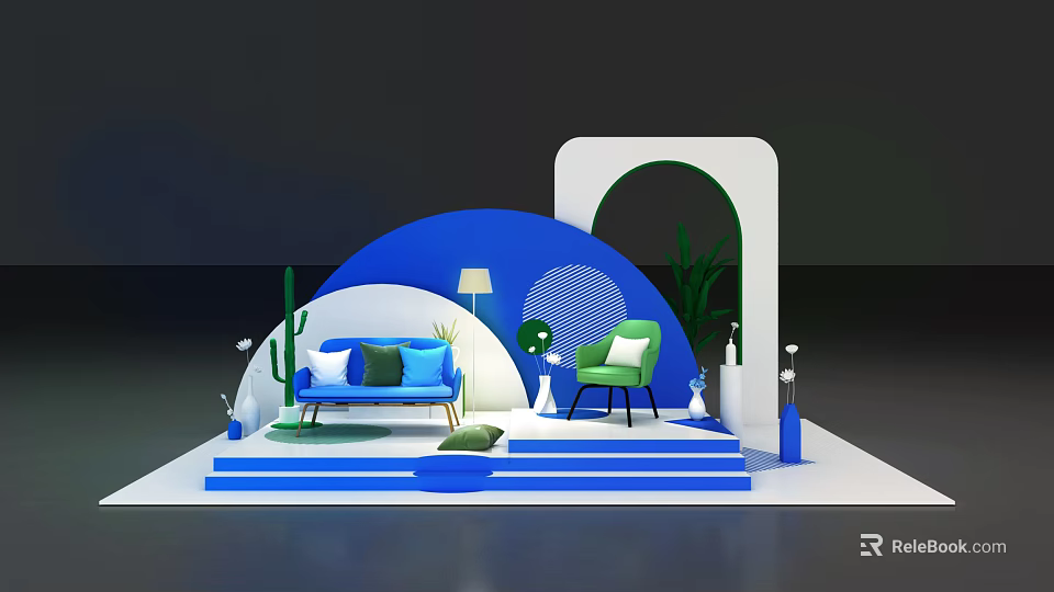 Modern Interior Display With Blue Sofa Green Chair Arched Structure Lamp And Plants 3d model 