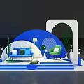 Modern Interior Display With Blue Sofa Green Chair Arched Structure Lamp And Plants