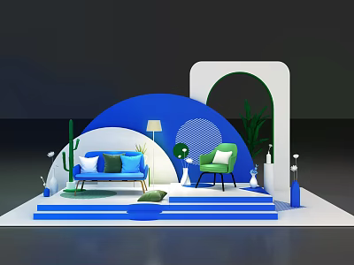 Modern Interior Display With Blue Sofa Green Chair Arched Structure Lamp And Plants 3d model