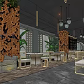 Modern Hotpot Restaurant Interior With Industrial Style Marble Counter Wooden Walls And Display Shelves