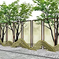 Landscape Wall Design With Green Trees And Wavy Decorative Elements On Stone Pavement 3d model