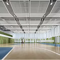 Indoor Sports Gymnasium Featuring Basketball Court Wooden Floor Green Walls Large Windows And Ceiling Lights
